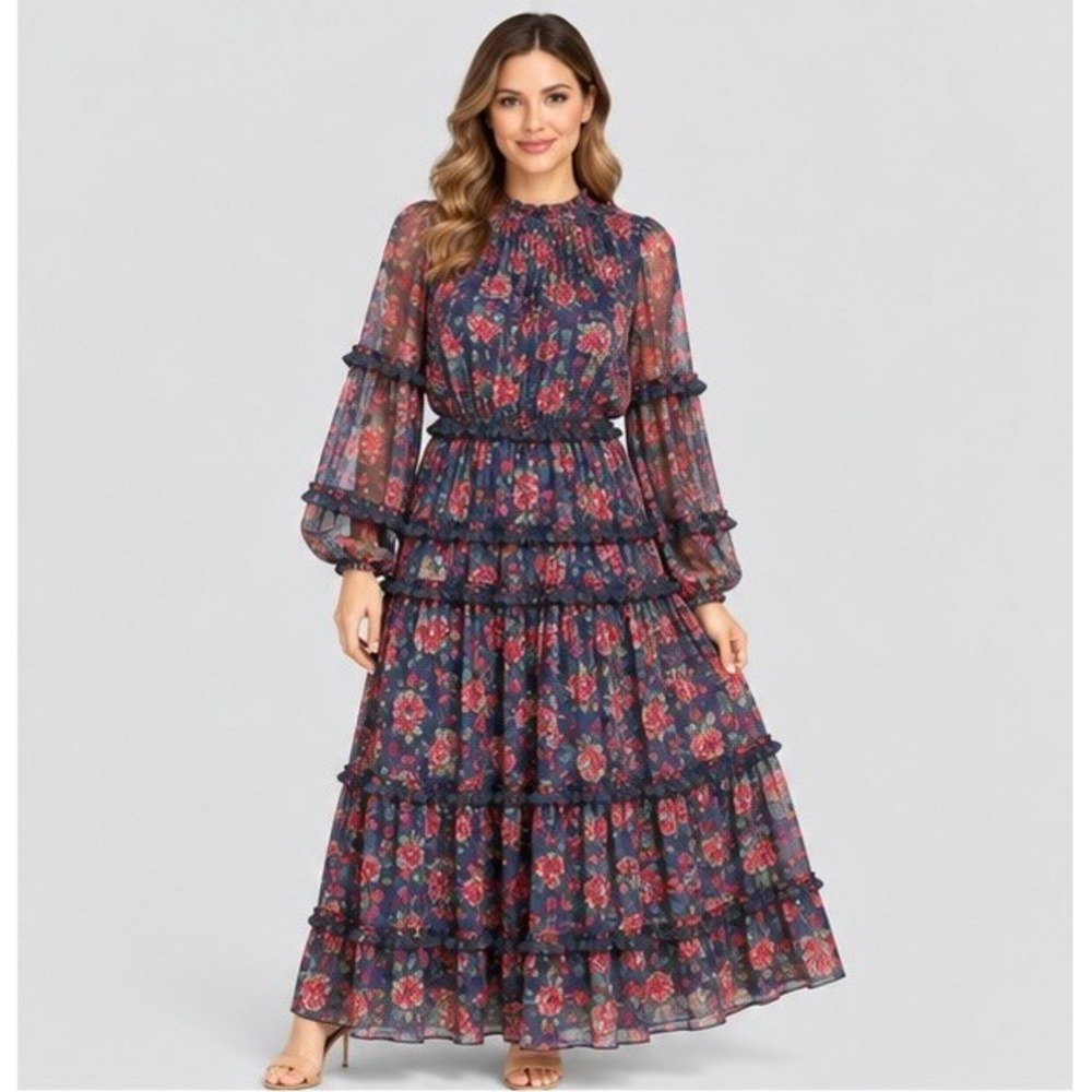 Ivy City Co Women Navy Blue Red Floral Maxi Dress Tiered Ruffle Whimsigoth Boho